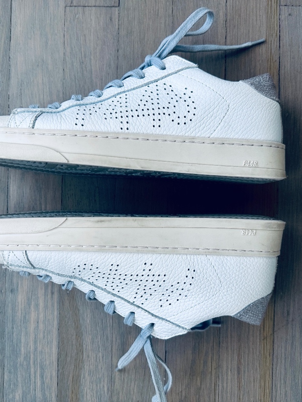 P448 white leather sneakers / size 39 / silver snakeskin heel tab